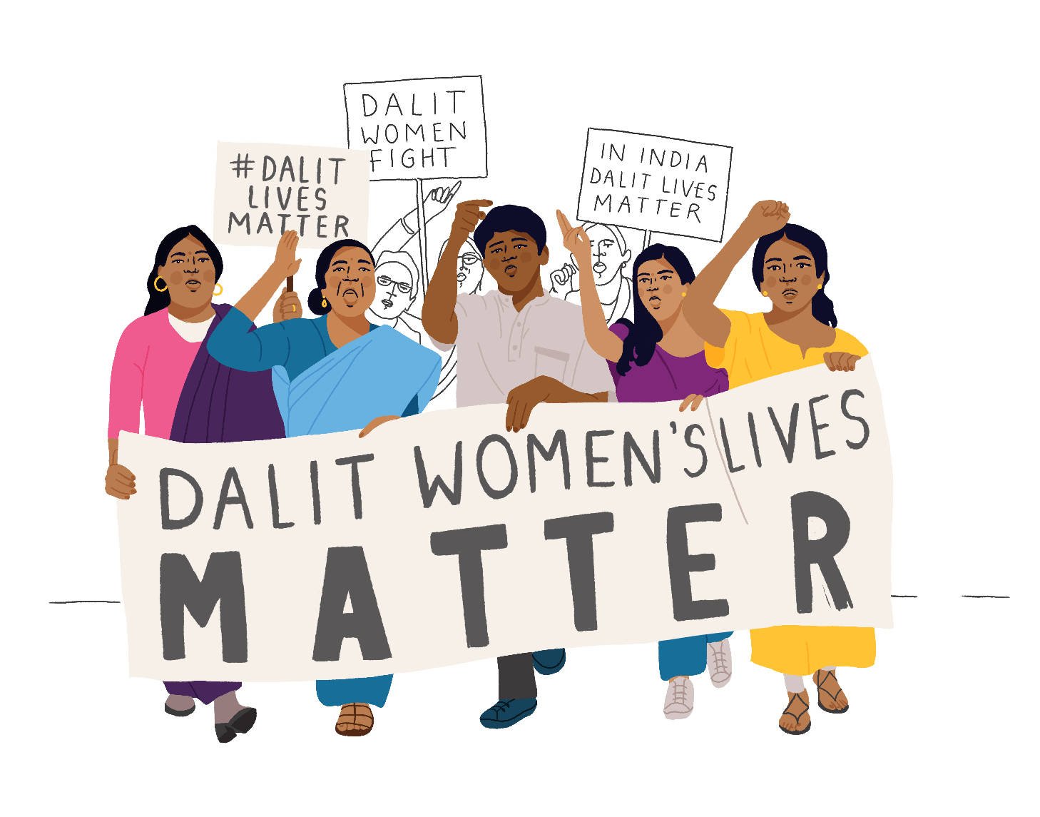 Illustration of women from Nepal protesting against backlash and for women's rights. They are holding banners with slogans such as 'Dalit women's lives matter' and 'Smash Braminical partiarchy'.
