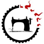 The logo of the Bangladesh Garment Workers' Solidarity is an illustration of a black sewing machine inside a circle with a cog pattern three quarters of the way around with the final quarter being red lines radiating out.