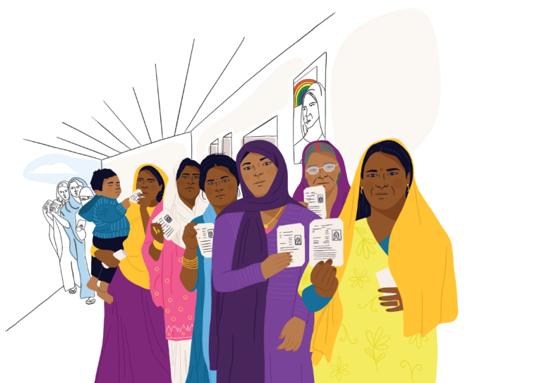 A colourful illustration of women standing in a line to vote, holding up their voting cards.