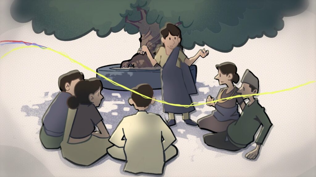 Illustration of a group sitting under a large tree, with a person standing and gesturing as if telling a story. The group listens intently; they're connected by a yellow thread running through their hands. A circular stone bench encircles the tree trunk.